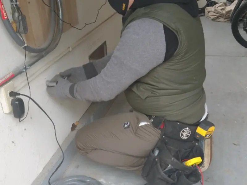 Electrician performing outlet wiring in a Galion garage